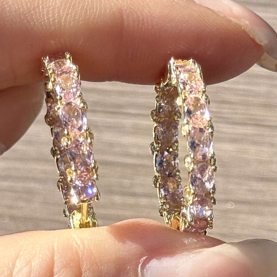 2 件粉红钻石耳环，粉色大环耳环，铜方晶锆石钻石耳钉，高端华丽耳环 - 圈圈 - 查看 1