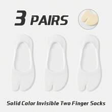 3 Pairs Women's Plain Solid Color Comfortable Antibacterial Moisture-Wicking Two-Toe Japanese Zori Style Low Vamp Hidden Heel Non-Slip Toe Socks, Suitable For All Seasons