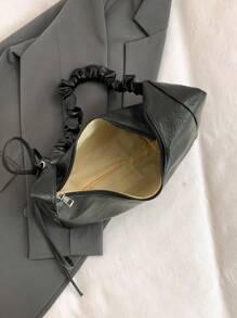 1pc Retro Solid Color Elegant Draped Asymmetric Shoulder Bag, Suitable For Women Daily Use & Gift - Black - View 9