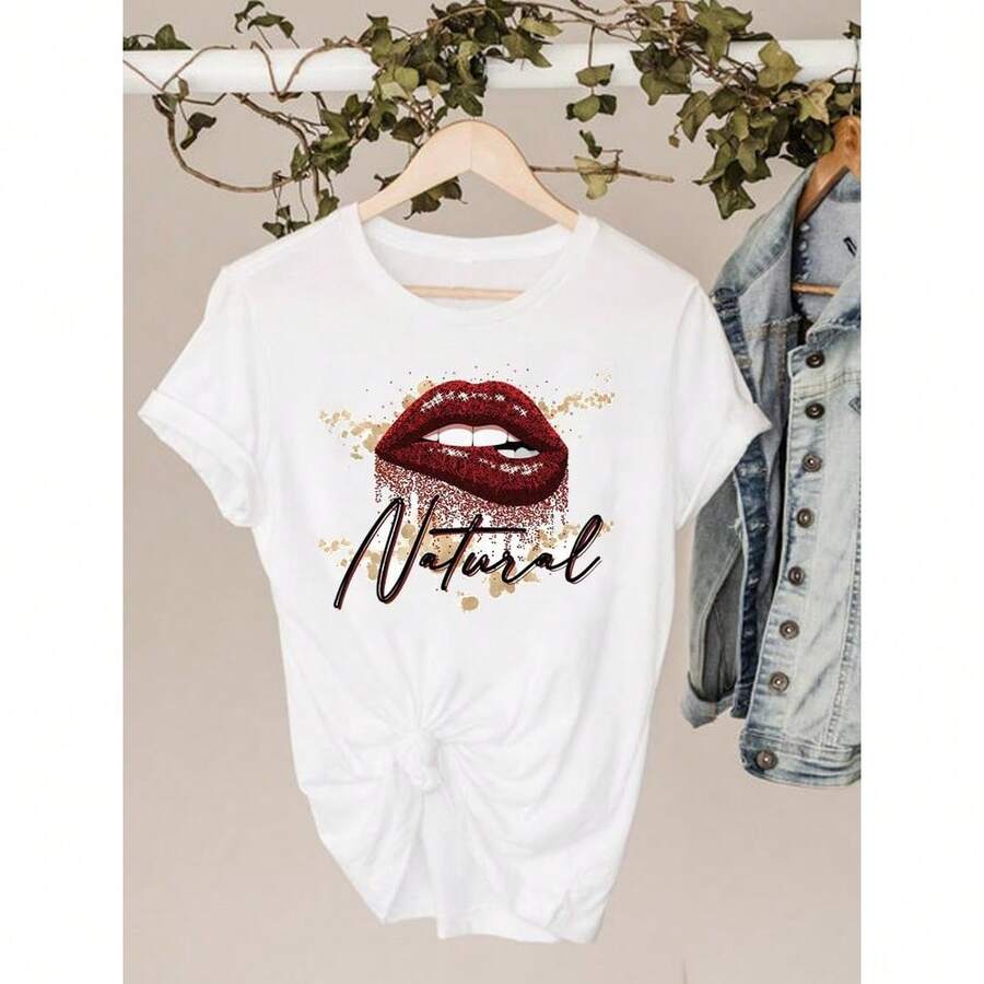 Letter Watercolor Style Cute Women Clothing Tee Clothes Fashion Short Sleeve Print T Shirt Summer Top Basic Graphic T-Shirts - White - View 1