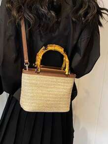 2025 New Summer Women's Multifunctional Sling Bag, Woven Small Handbags, Ladies Straw Bucket Tote Bags, Bamboo Handle Bag - Beige - View 5