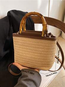 2025 New Summer Women's Multifunctional Sling Bag, Woven Small Handbags, Ladies Straw Bucket Tote Bags, Bamboo Handle Bag - Beige - View 6