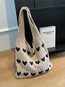 Época de Regresso às Aulas, Bolsa de Compras Tricotada Minimalista de Grande Capacidade com Decoração de Coração para Mulher, Mala de Mão Casual e Mala de Viagem, Carteira de Coração, Combinação Perfeita para Vestido do Dia dos Namorados, Mala de Praia Chamativa, Mala de Praia para Primavera Verão Outono Inverno, Adequada para Uso Casual Diário e Férias na Praia - Caqui - Ver 8