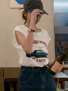 纯色字母印花圆领无袖上衣，宽松休闲女式T恤，春夏