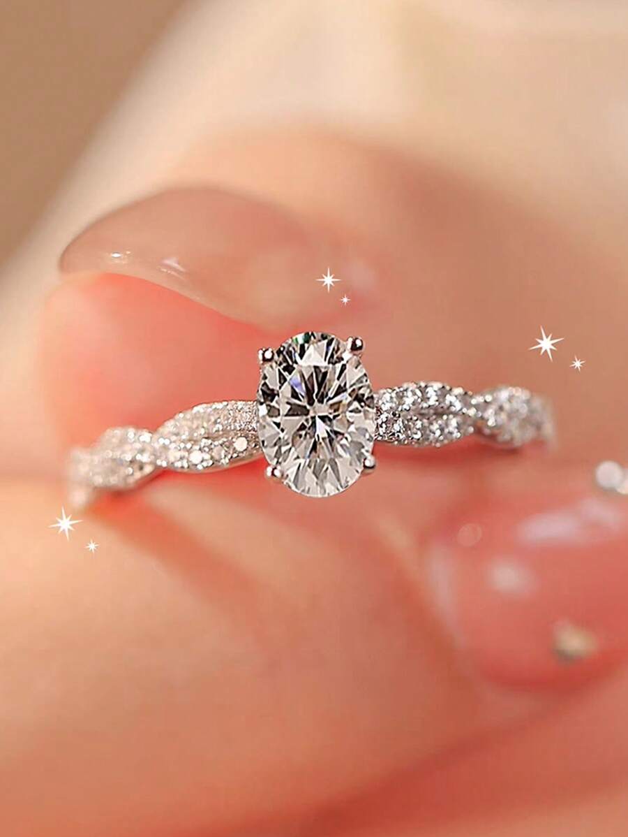 1 件 925 纯银镀铂金法式奢华镶嵌超大椭圆形方晶锆石结婚戒指，适合约会、派对、求婚、送给女朋友/最好的朋友的礼物，高品质珠宝