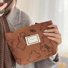 1pc Cute Bear Retro Simple Corduroy Makeup Bag Hand In Hand For Bag Storage,For Holiday Beach, Bathroom Collection, Bedroom Collection, Large Capacity - Multicolor - View 10