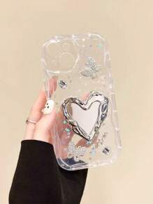 1 件心形镜面气囊手机支架，电镀亮银色创意酷炫风格小众高审美 Ins 风格，便携式补漆工具，舒适的桌面支架，可伸缩推拉手感，背贴+支架二合一，美观实用，自拍和视频首选，贴纸无痕迹或残留，可搭配不同颜色的手机壳，适用于几乎所有手机