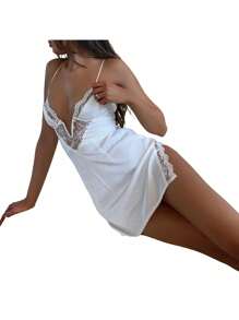 Women Sexy Bodycon Mini Dress Deep V Neck Low Cut Open Criss Cross Back Sleeveless Side Slit Mini Slip Dress - 白色 - 查看 3