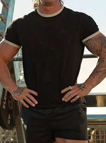 Men's Spring And Summer Sports, Running, Fitness, Outdoor, Casual Daily Wear Color-Blocked Patchwork Short-Sleeve Black T-Shirt - Black - View 6