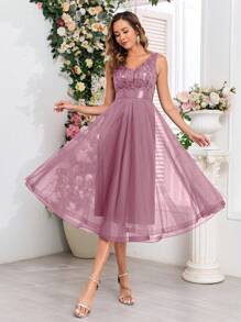 Đầm phù dâu dáng chữ A cổ chữ V đính sequin và vải lưới, đầm dự tiệc Giáng sinh, đầm dạ hội thanh lịch dành cho nữ, phù hợp cho khách dự đám cưới, lễ tốt nghiệp, dạ tiệc và các dịp khác. - Bụi hồng - Xem 4