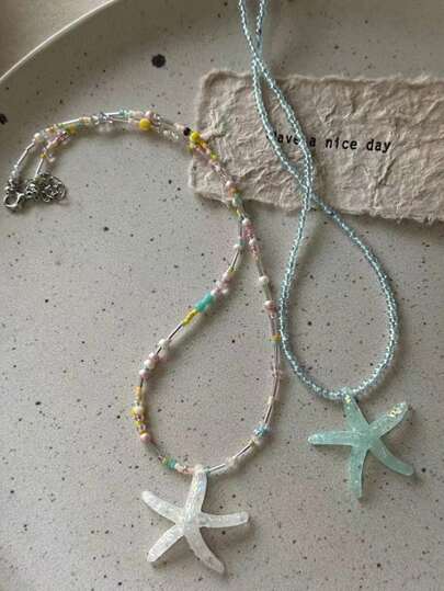 1pc Bohemian Style Colorful Beaded Sea Star Resin Necklace For Women, Perfect For Summer Beach Holiday
