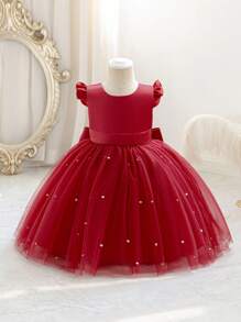 女婴短袖蝴蝶结薄纱酒红色优雅圣诞派对礼服，公主裙，适合一周岁生日派对、宴会、婚礼花童装 - 酒紅色 - 查看 3