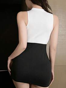 1pc Women Sexy Hollow-Out Secretary/Clubwear Mini Bodycon Dress (Comes With G-String) - Black and White - View 3