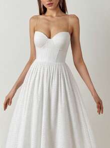 女士刺绣纹理纯色简约优雅性感修身吊带连衣裙，背面拉链适合夏季、正式派对、海滩度假，纯白色连衣裙适合毕业典礼/婚礼派对 - 白色 - 查看 8