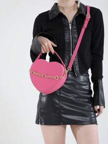 心形甜美风格手提包，心形链条装饰哑光手提包，可爱婚礼用品女士斜挎包，优雅钱包 - 玫紅色 - 查看 3