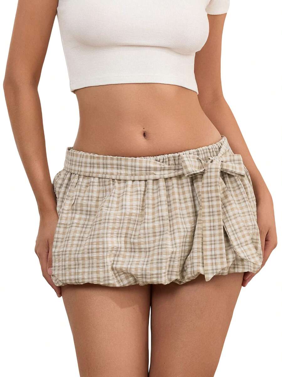 Women's Mini Bubble Skirt Cute Low Waist Plaid Print Balloon Skirt Summer Bow Skirt - Yellow - View 1