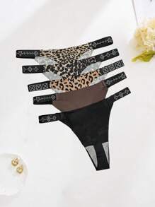 5 件女式低腰豹纹纯色无缝水钻装饰性感、舒适、优雅、成熟、迷人的女士丁字裤，法式风格