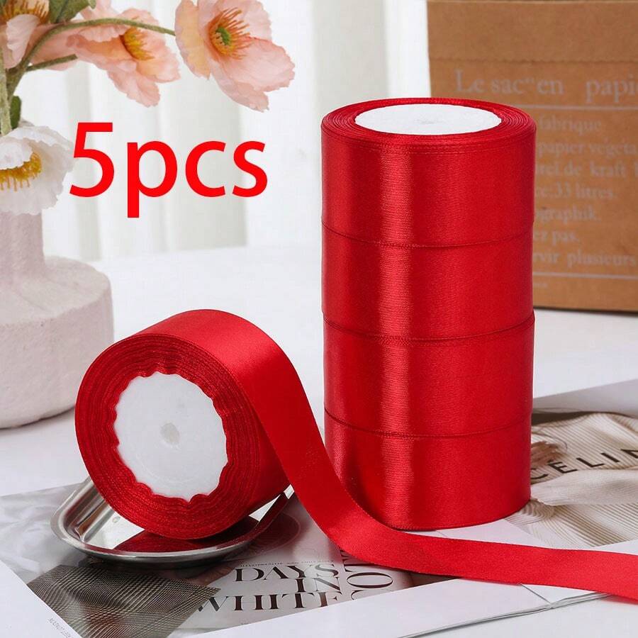5pcs 4cm Wide Satin Ribbon Bows For DIY Cake Decorating, Handmade Rose Flowers, Birthday Party, Wedding, Gift Wrapping, Halloween, Autumn, Christmas Decorations - Red - View 1