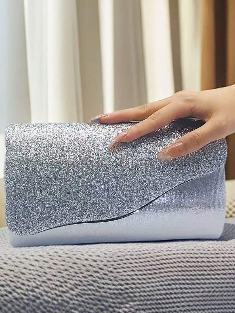 Elegant Women Sequin Clutch Bag - Fashionable Bridal Party Wallet With Detachable Shoulder Strap, Magnetic Closure, Polyester Lining, Suitable For Weddings And Formal Events - Available In Gold/Silver/Black - Silver - View 1