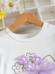 2pcs Girls Cute 3D Floral Lace Bowknot Splicing Chiffon Short Sleeve Top + Bubble Jacquard Shorts Set, Suitable For Outdoor, Vacation, Summer