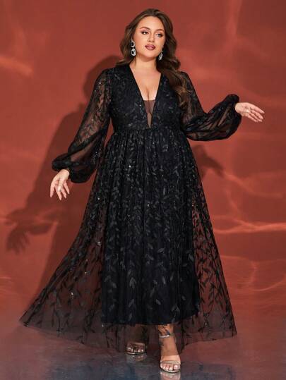 黑色深 V 领长袖网眼亮片加大码晚礼服、正式、派对礼服，适合婚礼宾客