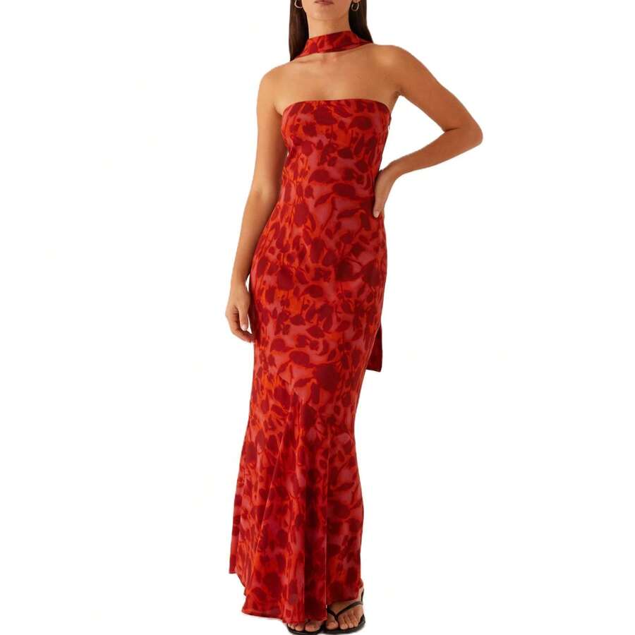 Womens Floral Strapless Dress Y2k Backless Sleeveless Tube Maxi Long Dresses Sexy Mesh Bodycon Summer Beachwear - Dark Red - 查看 1
