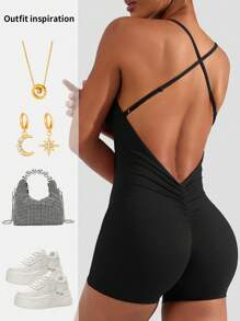 Yefecy 1pc Yoga Basic Solid Sports Romper,Solid Color Fashion Sports Jumpsut,High Elastic Yoga Jumpsuit, Sexy Backless Gym Bodycon Scrunch Butt Yoga Rompers V Back,Spring And Summer - Black - View 7