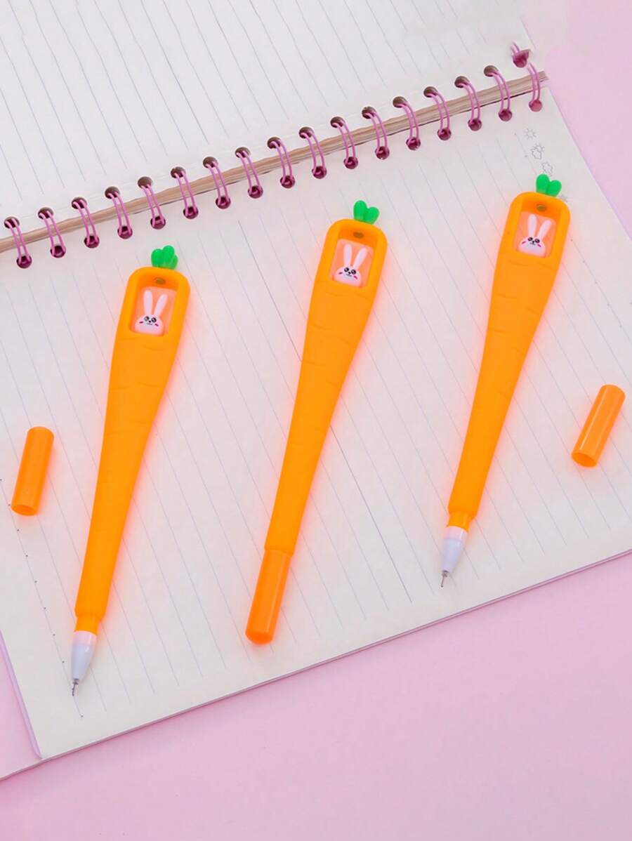 3pcs Cute Rabbit & Carrot Design Neutral Pen, Cartoon Student Ballpoint Pen, Creative Soft Plastic Black Ink Stationery - Multicolor - View 1