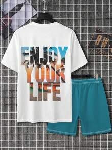 男士大码休闲渐变字母印花 T 恤和短裤套装，舒适服装