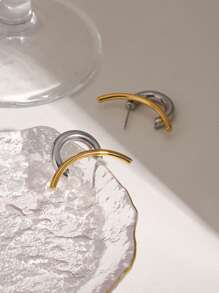 Uworld 1 件女士未完成对称金银对比线耳环 18K 金不锈钢耳环适合日常交流装饰派对和旅行 - 拼色線條耳環 - 查看 6