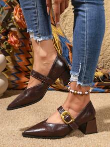 Vintage Pointed Toe Low Heel Women's Pump Shoes, Flat Chunky Heel Strap Buckle Decor Low Cut Retro Mary Jane Shoes, Black, Suitable For Spring/Autumn Dresses, Plus Size Available In Brown