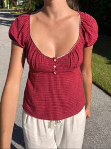 Women Y2k Short Sleeve Tops Slim Button-Up V Neck Puff Sleeve T Shirt For Teen Girls Going Out Tops Casual Summer Clothes Streetwear Fairy Grunge Gothic Clothes - 紅色 - 查看 1