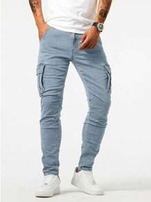 NIUYUNHENGTONG Men's Fashion Casual Washed Slim Fit Cargo Jeans - 霧霾藍 - 查看 4