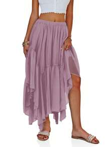 Women's Casual Flowy Bohemian Maxi Skirt With Asymmetric High-Low Hem - Purple - View 2