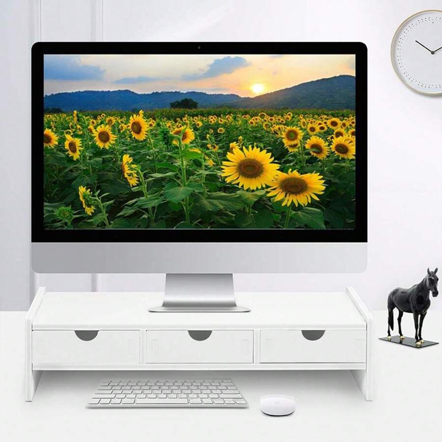 1PC White Ergonomic Office Desk Organizer, Monitor Stand With 3 Drawers, Office And Study Supplies, Desktop Accessories, Desktop Set - A - View 1