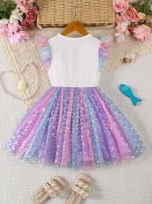 Girl Mermaid Style Mesh Dress, Cute & Elegant Design, Suitable For Girls Party Wear In Summer - Purple - View 3