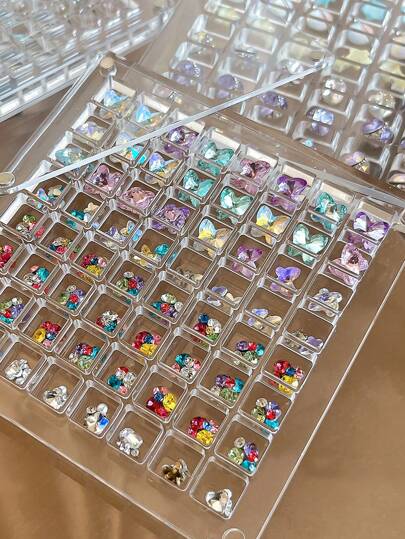 1pc 36/64/100 Slots Acrylic Nail Art Rhinestone Jewelry Display Box, Double-Sided Round/Square Showcase Box, Magnetic Nail Accessories Storage Organizer, Empty Box Without Rhinestones