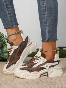 女士休闲运动鞋，网眼透气轻便系带拼色防滑耐磨，新款夏季女士休闲平底鞋，复古厚底运动鞋，百搭街头风格厚底休闲运动鞋，2025年春秋季新品 - 棕色 - 查看 5