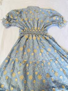 Women's Fashion Midi Dress In 3D Laise Fabric With Elastex On The Back And Button On The Front And Lining - 淺藍色 - 查看 3
