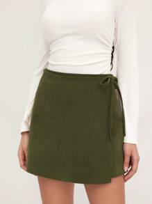 Women's Corduroy Asymmetric Hem Mid Rise Solid Knotted Mini Skirt, For Summer - Green - View 5