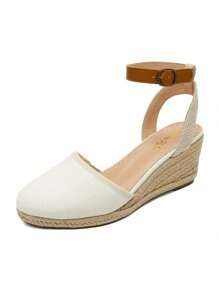 Women's Canvas Closed Toe Ankle Strap Wedge Sandals Vacation Commuting Summer Shoes - White - View 3