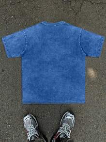 Men's Loose Fit Street Style Washed Print Round Neck Short Sleeve T-Shirt, Emo - Grey - View 2