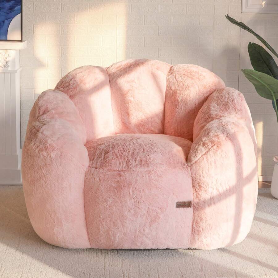 MAXYOYO Adult Bean Bag Chair,Loveseat Or Single Floral Bean Bag Sofa, Super Soft Loveseat, Living Room Bedroom Faux Fur Reading Chair, Pink - 粉色 - 查看 1