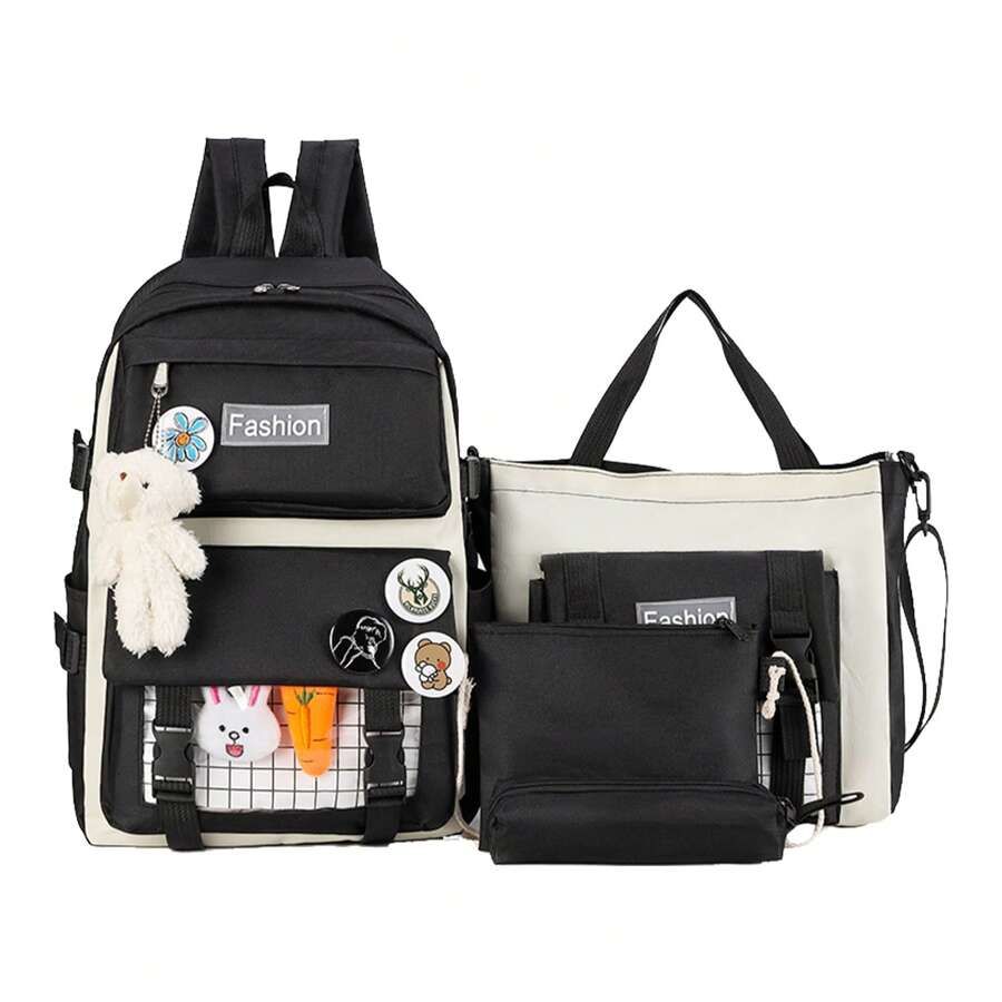 4pcs School Bags Set For Women Kawaii Backpack School Bag Rucksack With Crossbody Bag Cute Bags For College Women Secondary School Aesthetic Backpack With Accessories (Black)