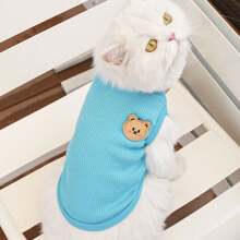 1 件定制刺绣个性化猫狗服装、华夫格风格宠物背心、新款可爱熊装饰宠物服装、可爱、柔软、舒适、透气的猫狗背心、带有可爱熊补丁的宠物衬衫、纯色时尚背心、小型犬和猫夏季服装、适合春季、夏季、秋季、理想的宠物礼物、圣诞节和新年礼物、猫咪礼物 - 彩色 - 查看 3