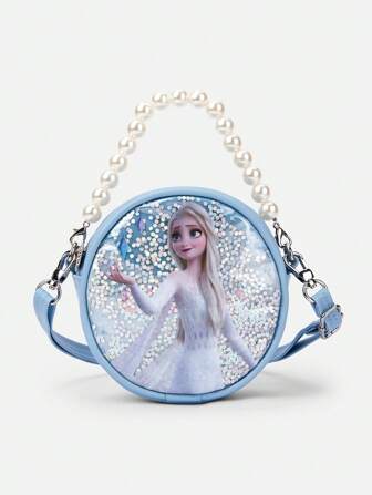Balabala Girls' Elsa Glitter Princess Shoulder Bag – Cute Round Crossbody Purse With Pearl Handle & Sparkling Sequins, Adjustable Strap, Lightweight & Stylish Handbag For Toddlers & Kids