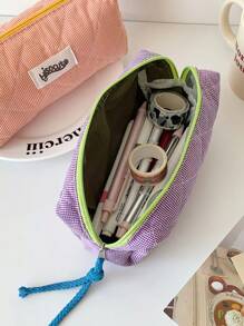 Estuche de lápices con diseño de color block y cuadros, estuche de lápices de diseño básico y suave para papelería, estudiantes, niñas, cosméticos y artículos varios, de vuelta a la escuela, útiles escolares, estuche de lápices, mochila escolar
