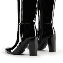 Women's Knee-High Boots, Comfortable Chunky Block Heel Pointed Toe Pull On Side Zipper Suede Slouch Riding Boots - Black - View 5