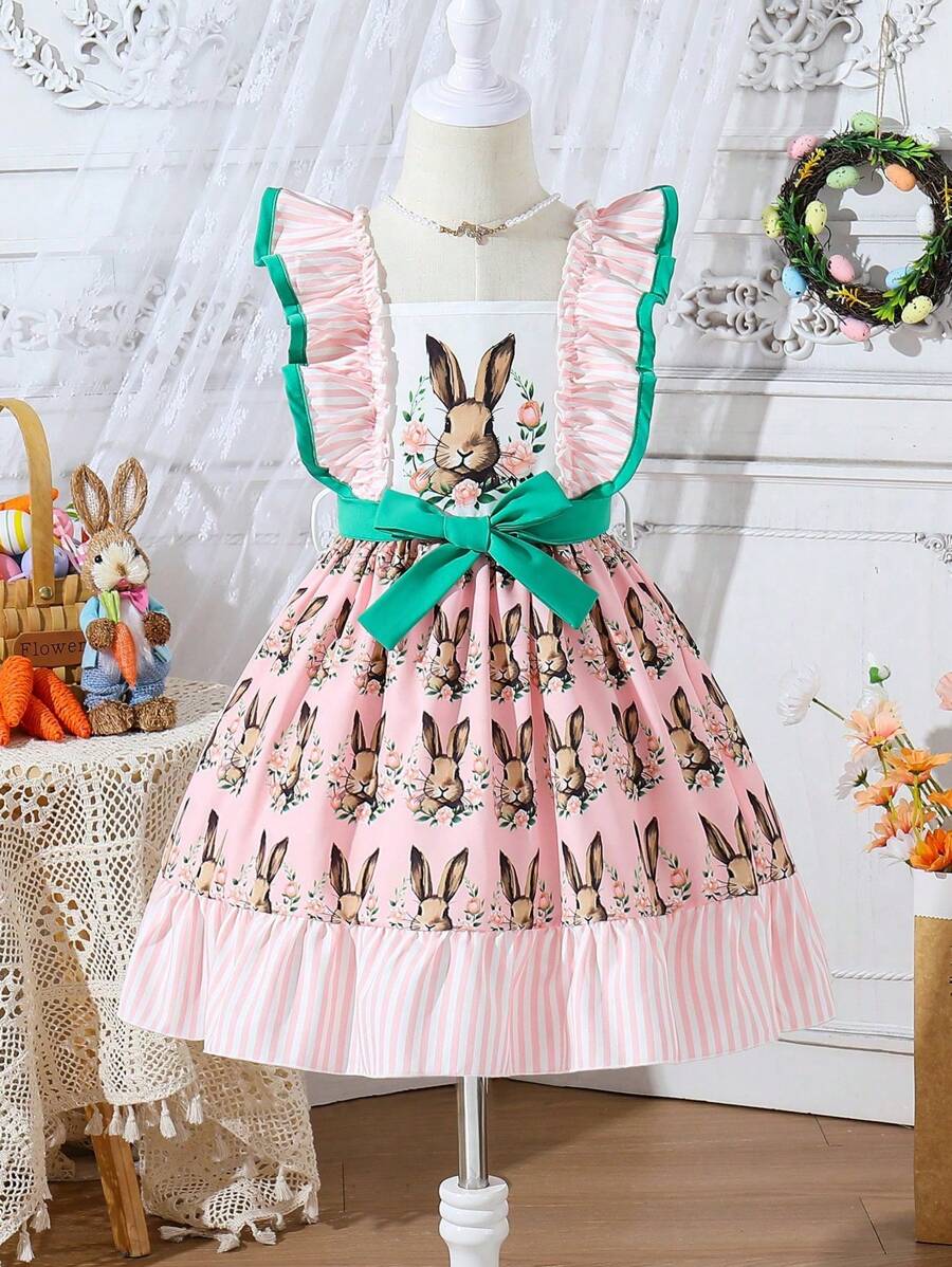 Easter Theme Young Girl Vintage Style Dress, Cute Rabbit Print + Bow Design, A Charming Dress Specially Made For Easter, Birthday Party, With Ruffled Hem And Pink Bow Decor, Lightweight And Lovely