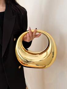 加大码新月形金属亚克力手拿包，镀金亮面时尚圆形晚宴手提包，带环形手柄，是送给女性的完美礼物
